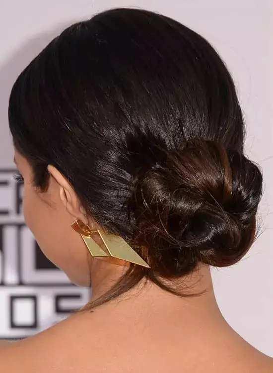 Slicked Back Dark Brown Hair Bun with Gold Earrings Slicked Back Dark Brown Hair Bun with Gold Earrings — Simple Slicked Back