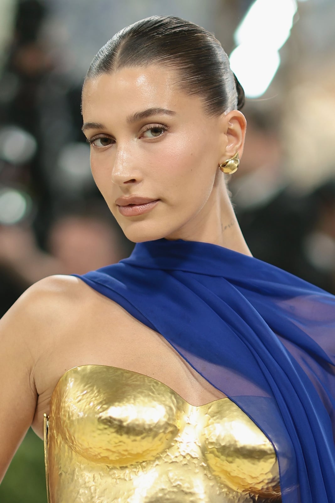 Gold Structured Bodice with Blue Sheer Overlay Gold Structured Bodice with Blue Sheer Overlay — Simple Slicked Back