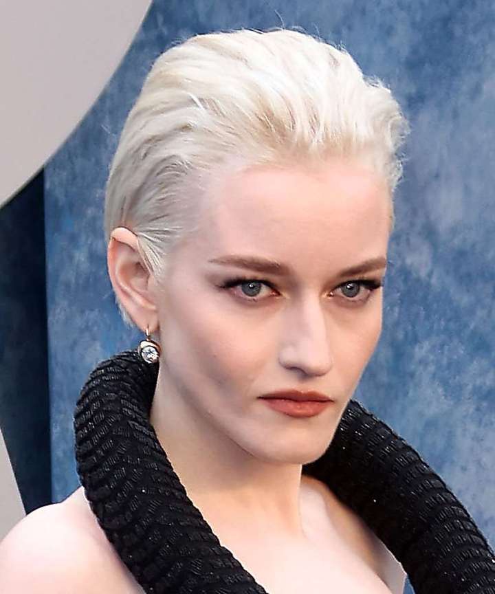 Sleek Platinum Blonde Pixie With Side Part Sleek Platinum Blonde Pixie With Side Part — Simple Slicked Back Hair