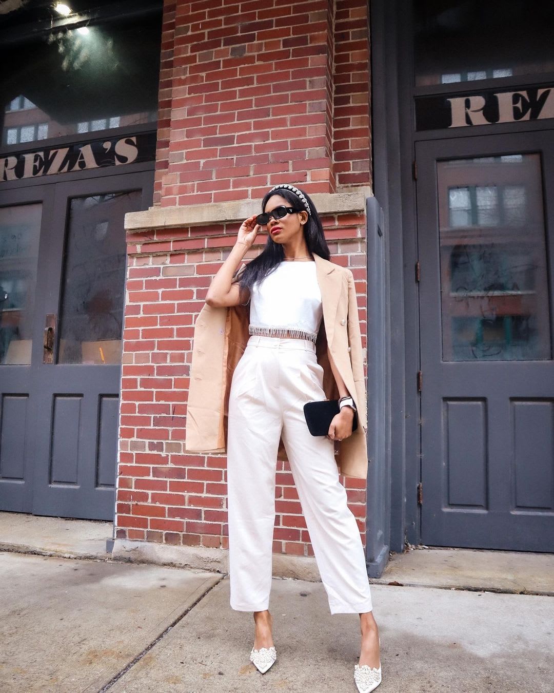 White Wide Leg Trousers with Embellished Top White Wide Leg Trousers with Embellished Top — Simple Smart Casual Outfits