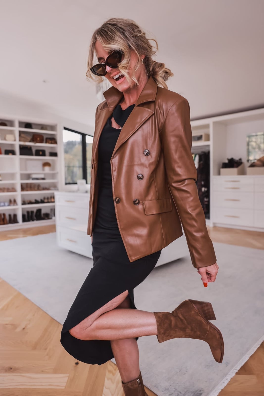 Faux Leather Blazer Over a Black Dress Faux Leather Blazer Over a Black Dress — Simple Smart Casual Outfits