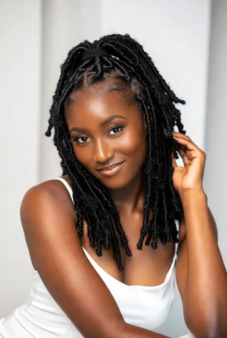 Mid-Back Black Locs With Defined Parting, Middle Mid-Back Black Locs With Defined Parting, Middle — Simple Soft Locs Hairstyles