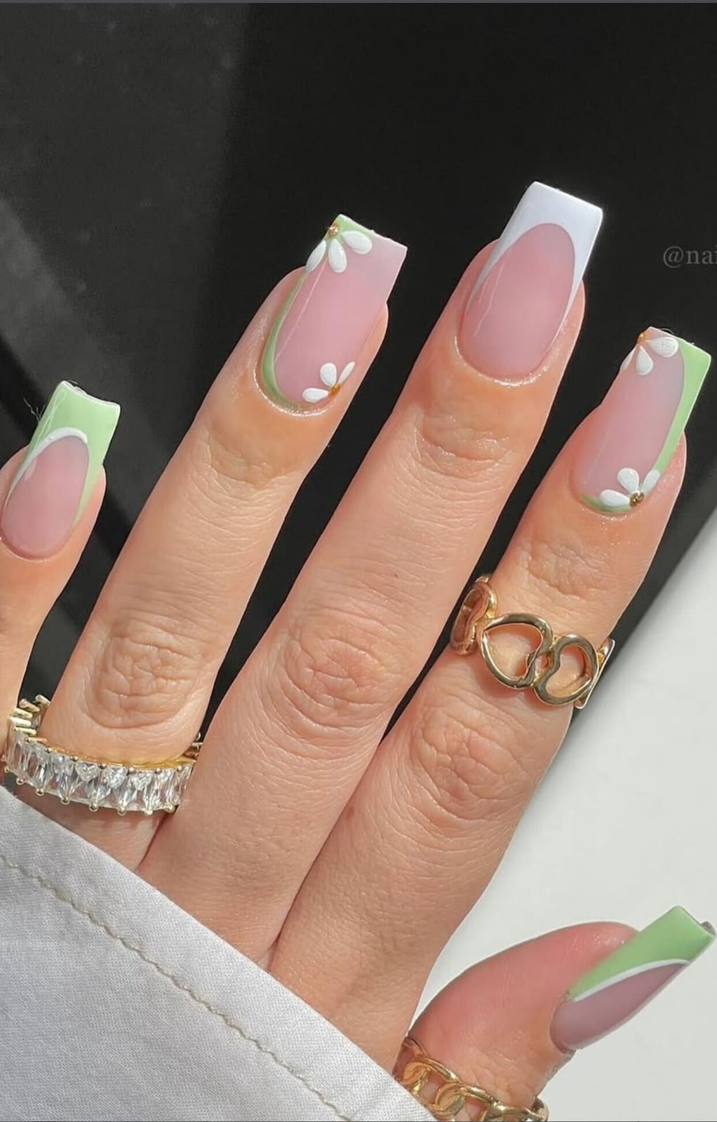 Pink Green White Daisy French Medium Squoval Nails Pink Green White Daisy French Medium Squoval Nails — Simple Squoval Nails