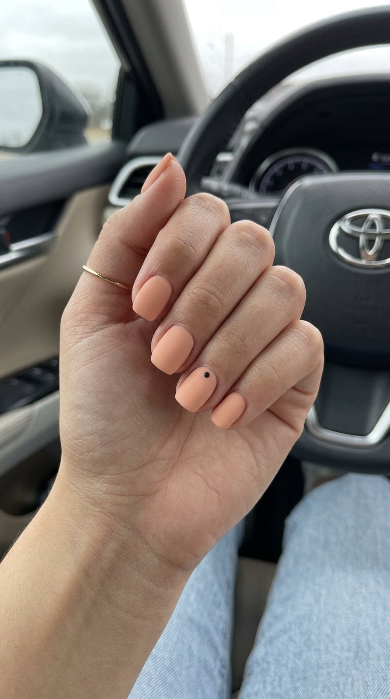 Peach Matte With Black Dot Short Squoval Nails Peach Matte With Black Dot Short Squoval Nails — Simple Squoval Nails