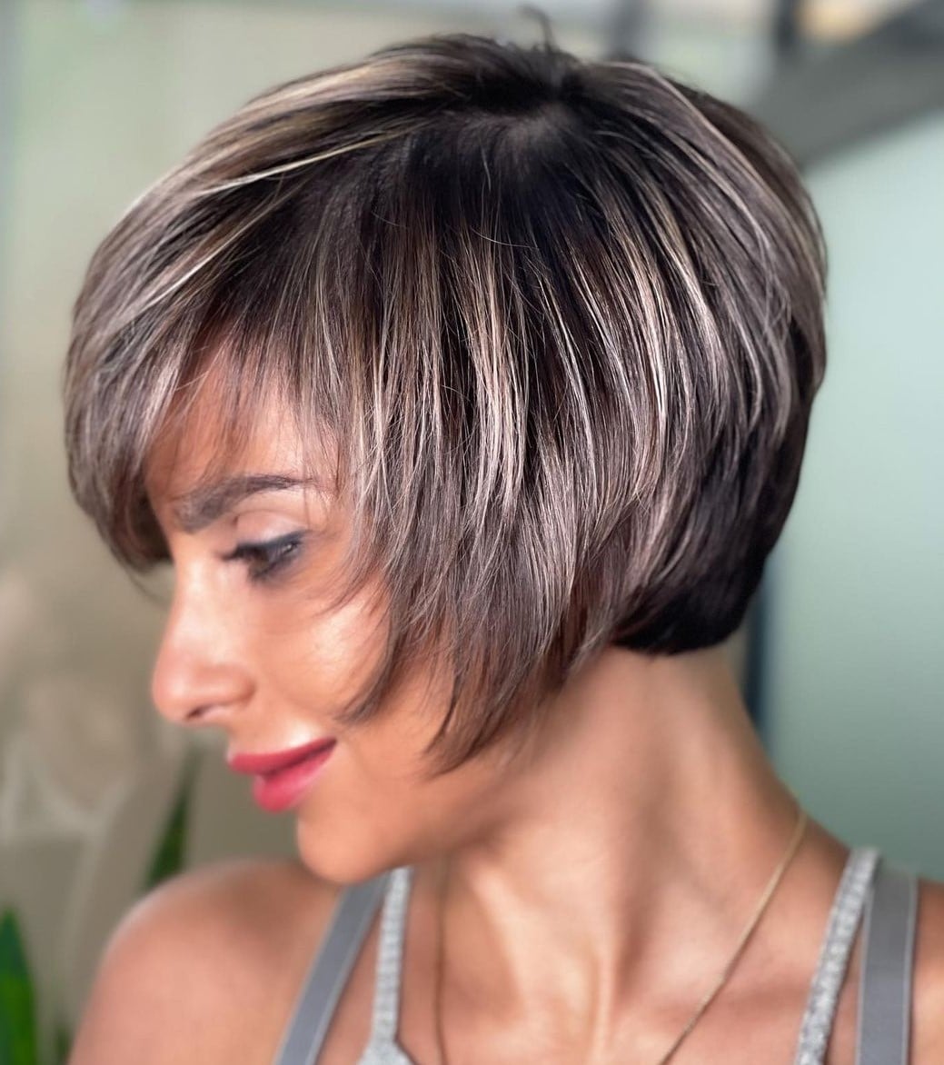 Dark Base Stacked Bob With Bangs Dark Base Stacked Bob With Bangs — Simple Stacked Bob