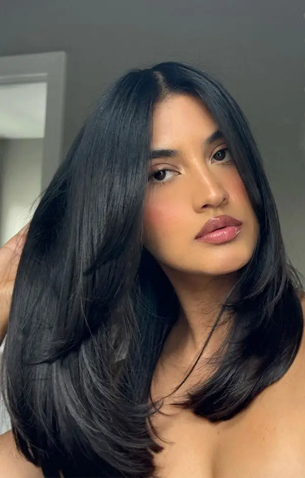 Mid-Back Length With Curtain Bangs and Styled With A Smooth Blowout — Simple Straight Hair Haircuts