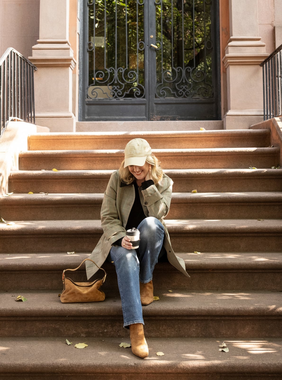 Plaid Trench Coat With Blue Jeans Plaid Trench Coat With Blue Jeans — Simple Straight Leg Jeans Outfits