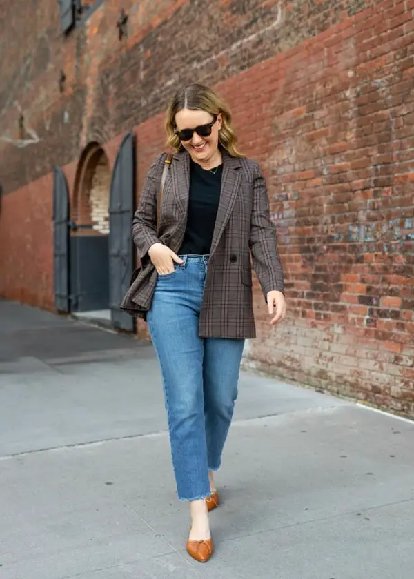 Plaid Blazer With Straight Leg Jeans Plaid Blazer With Straight Leg Jeans — Simple Straight Leg Jeans Outfits