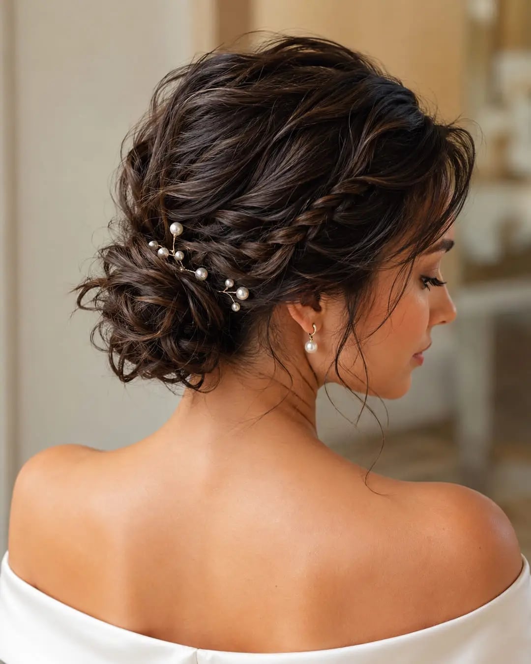 Braided Updo With Pearl Pin Detail Braided Updo With Pearl Pin Detail — Simple Strapless Dresses Hairstyles