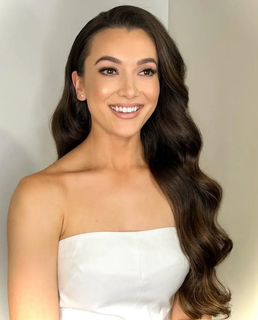 Glossy Dark Brown Waves With Side Parting Glossy Dark Brown Waves With Side Parting — Simple Strapless Dresses Hairstyles