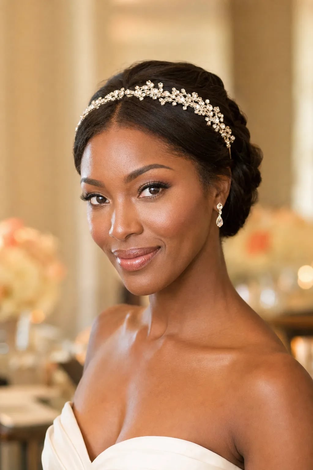 Sleek Pulled-Back Updo With Headband Sleek Pulled-Back Updo With Headband — Simple Strapless Dresses Hairstyles