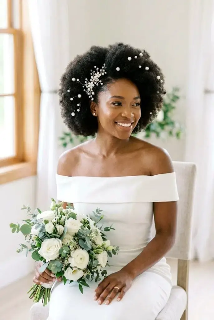 Voluminous Afro With Pearl Accessories Voluminous Afro With Pearl Accessories — Simple Strapless Dresses Hairstyles