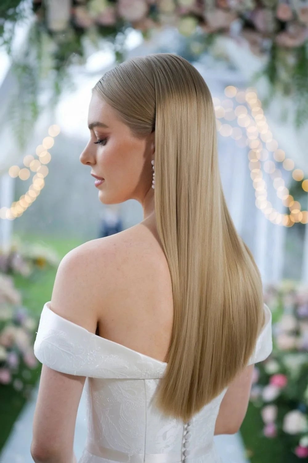 Sleek Ash Blonde Mid-Back Straight Hair Sleek Ash Blonde Mid-Back Straight Hair — Simple Strapless Dresses Hairstyles