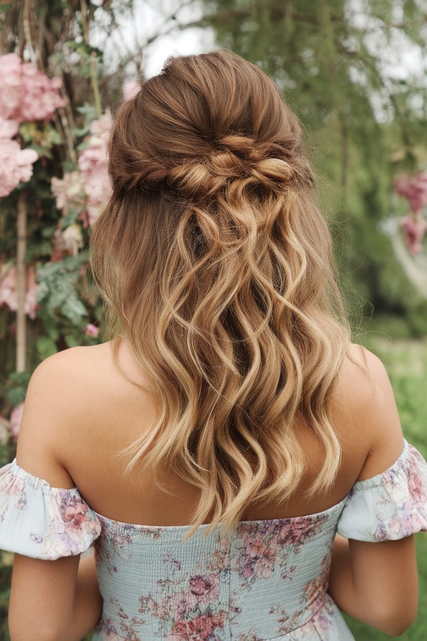 Half-Up Waves With Braided Detail And Balayage Half-Up Waves With Braided Detail And Balayage — Simple Strapless Dresses Hairstyles