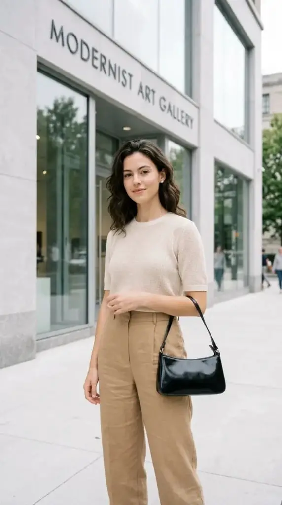 Tan Linen Trousers with a Beige Knit Sweater Tan Linen Trousers with a Beige Knit Sweater — Simple Tan Pants Outfits