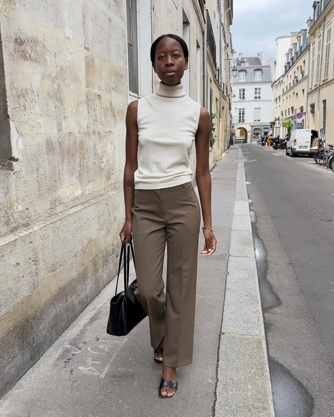 Brown Wide Leg Trousers with a Cream Turtleneck Brown Wide Leg Trousers with a Cream Turtleneck — Simple Tan Pants Outfits