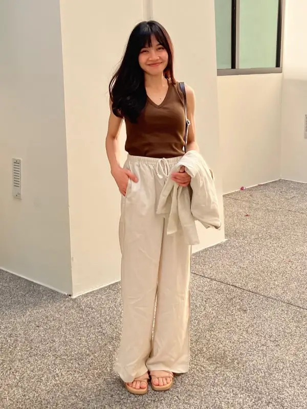 Cream Wide Leg Trousers with a Brown Tank and Jacket and Linen Blend Cream Wide Leg Trousers with a Brown Tank and Jacket and Linen Blend — Simple Tan Pants Outfits