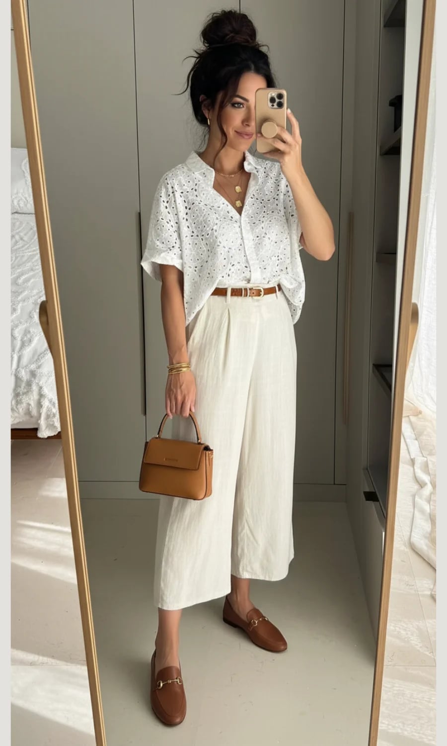 Off-white Culottes with a White Eyelet Shirt Off-white Culottes with a White Eyelet Shirt — Simple Tan Pants Outfits