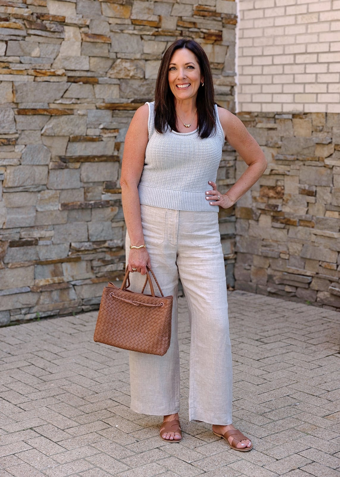 Beige Wide Leg Trousers with a Light Blue Tank Top Beige Wide Leg Trousers with a Light Blue Tank Top — Simple Tan Pants Outfits