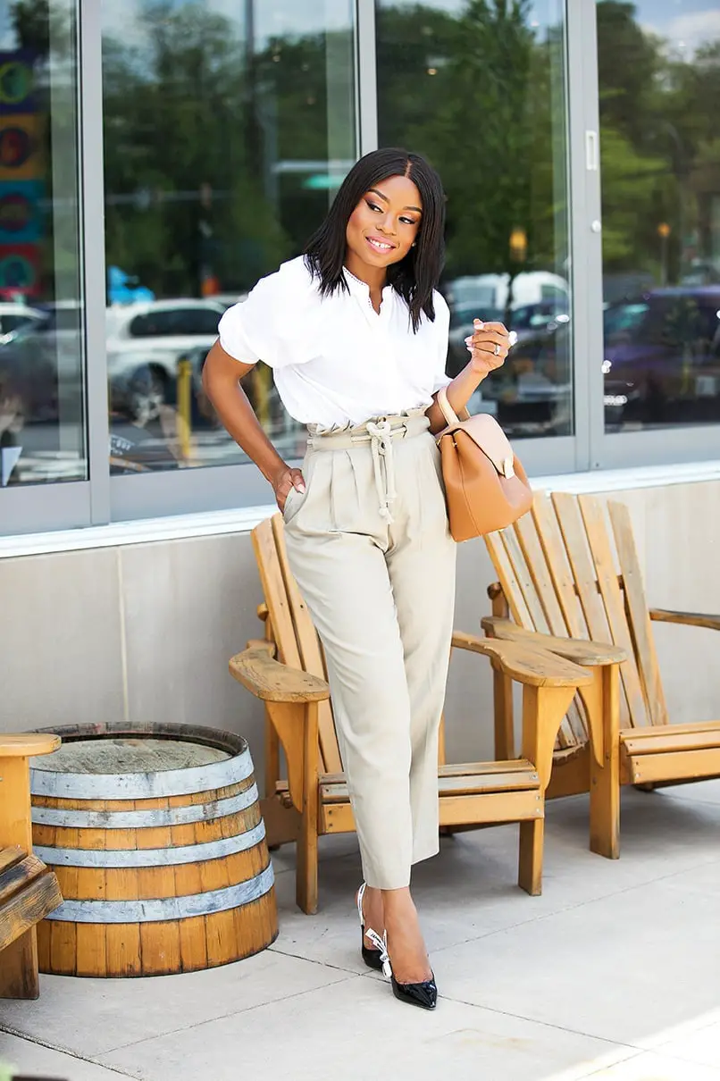 Beige Paperbag Trousers with a White Puff-Sleeve Blouse Beige Paperbag Trousers with a White Puff-Sleeve Blouse — Simple Tan Pants Outfits