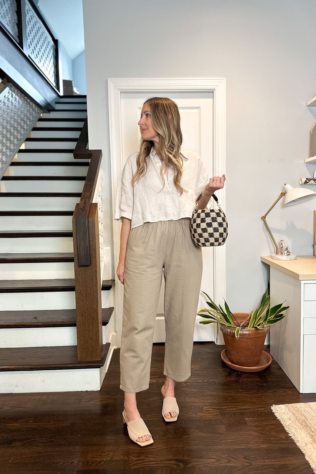 Beige Linen Blend Trousers with a Cream Button-Up Shirt Beige Linen Blend Trousers with a Cream Button-Up Shirt — Simple Tan Pants Outfits