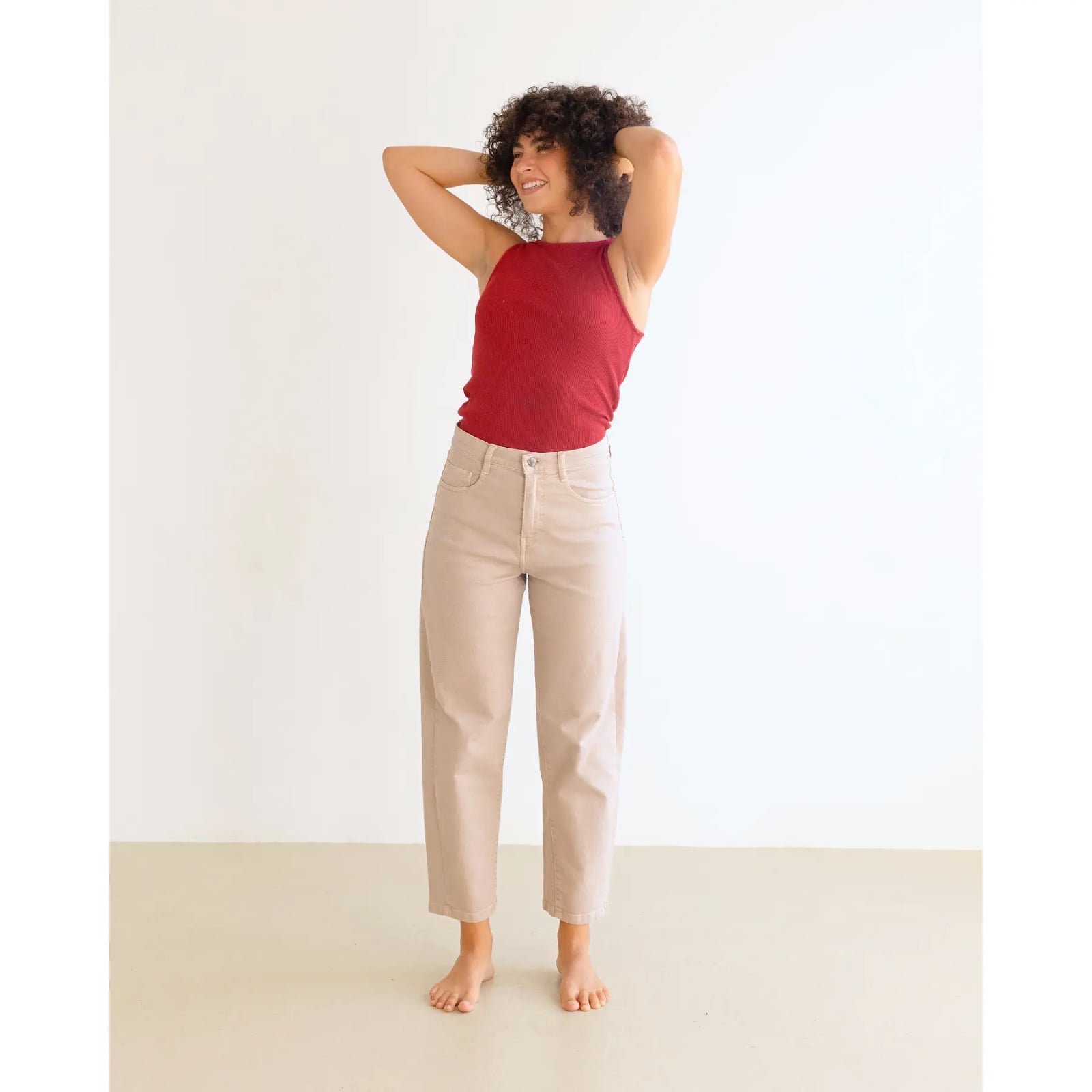 Tan Cotton Blend Wide Leg Trousers with a Red Tank Top Tan Cotton Blend Wide Leg Trousers with a Red Tank Top — Simple Tan Pants Outfits
