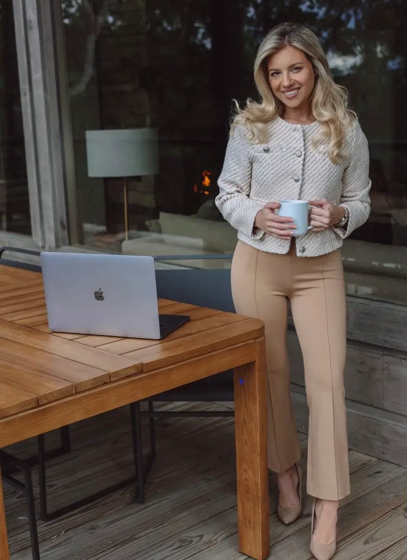 Light Tan Flare Leg Trousers with a Tweed Jacket Light Tan Flare Leg Trousers with a Tweed Jacket — Simple Tan Pants Outfits