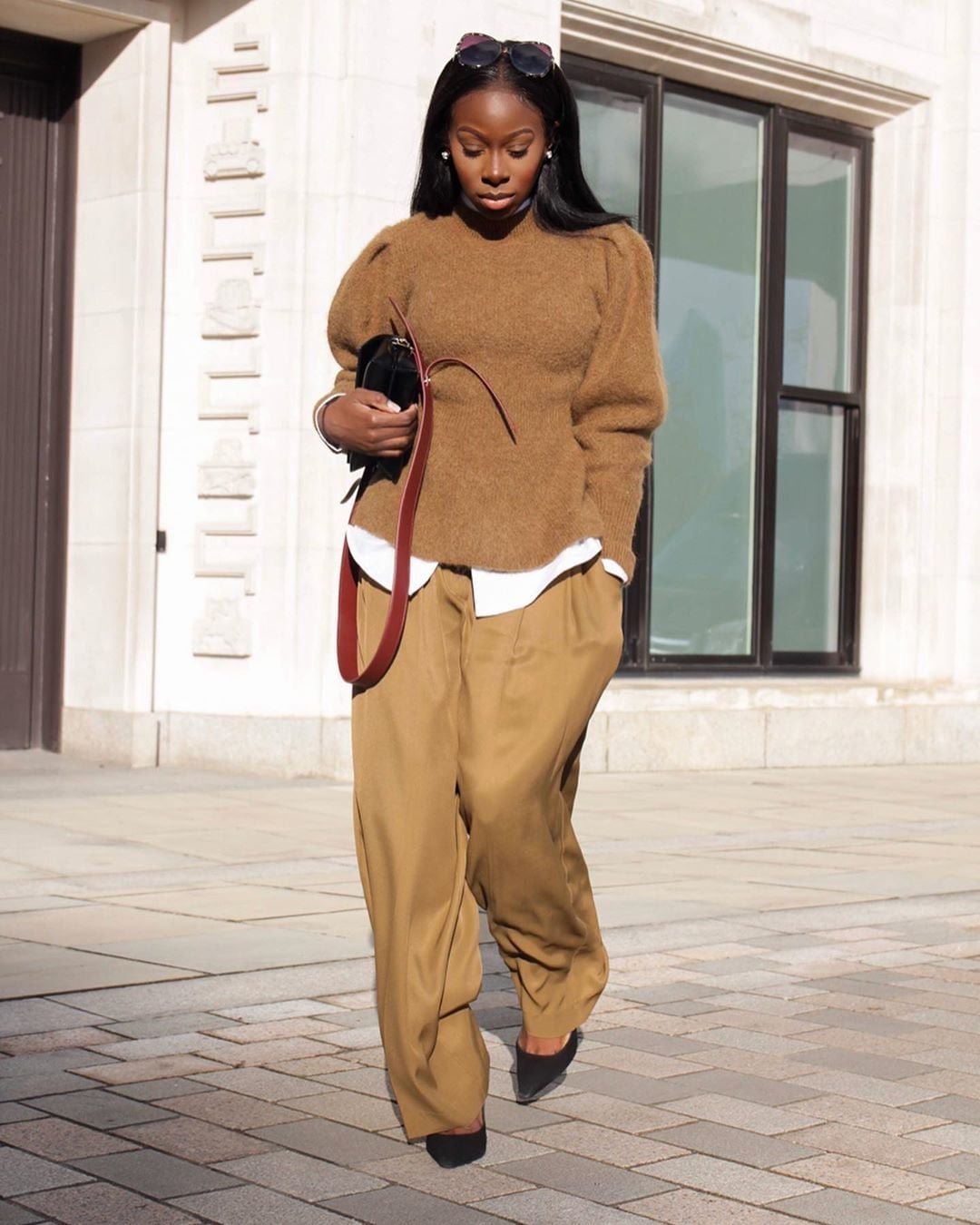 Tan Wide Leg Trousers with a Sweater and Collared Shirt Tan Wide Leg Trousers with a Sweater and Collared Shirt — Simple Tan Pants Outfits
