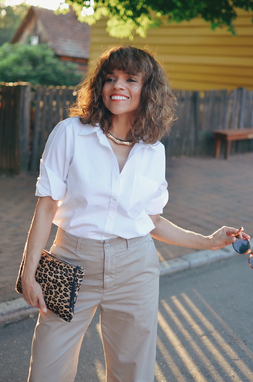 Tan Wide Leg Trousers with a White Button-Down, Office-Safe Version Tan Wide Leg Trousers with a White Button-Down, Office-Safe Version — Simple Tan Pants Outfits