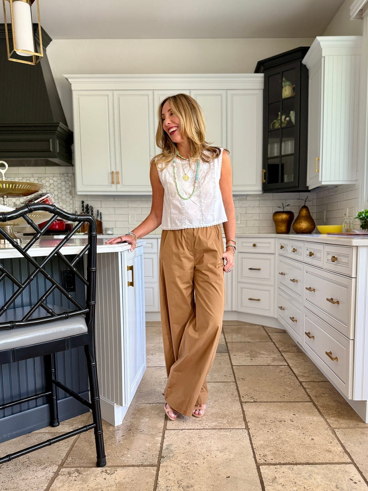 Tan Corduroy-Like Wide Leg Trousers with a White Top Tan Corduroy-Like Wide Leg Trousers with a White Top — Simple Tan Pants Outfits