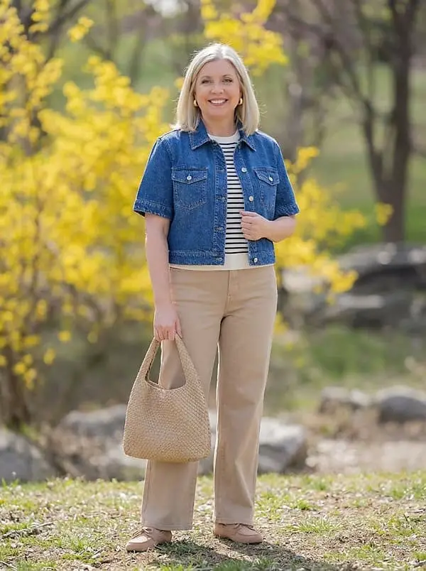 Tan Straight Leg Trousers with a Striped T-Shirt and Denim Jacket Tan Straight Leg Trousers with a Striped T-Shirt and Denim Jacket — Simple Tan Pants Outfits