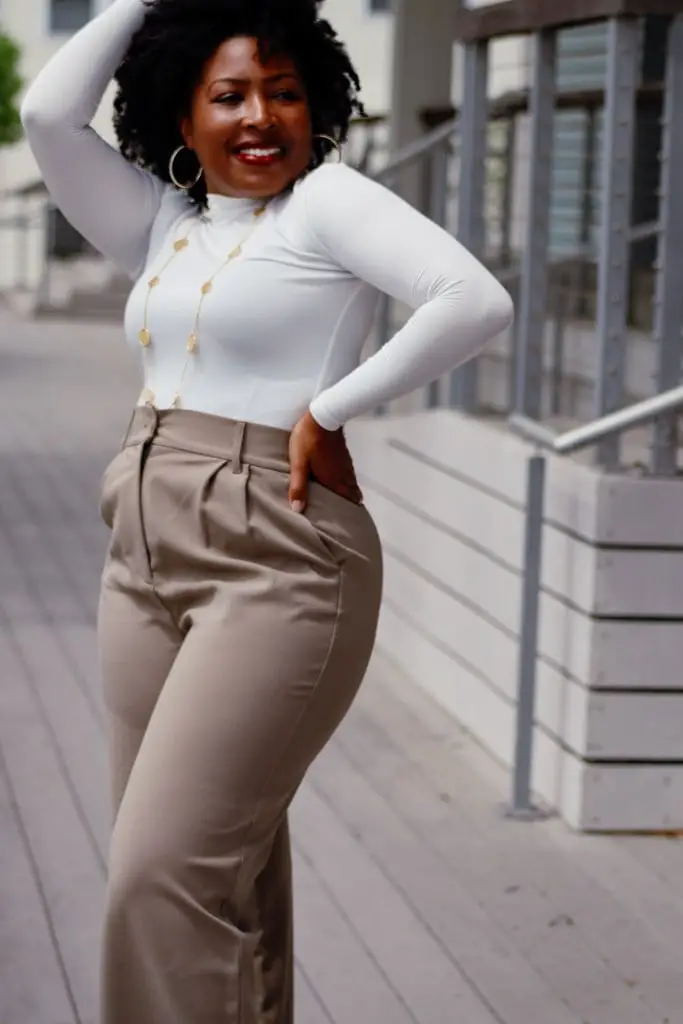 Taupe Pleated Wide Leg Trousers with a White Long Sleeve Top Taupe Pleated Wide Leg Trousers with a White Long Sleeve Top — Simple Tan Pants Outfits