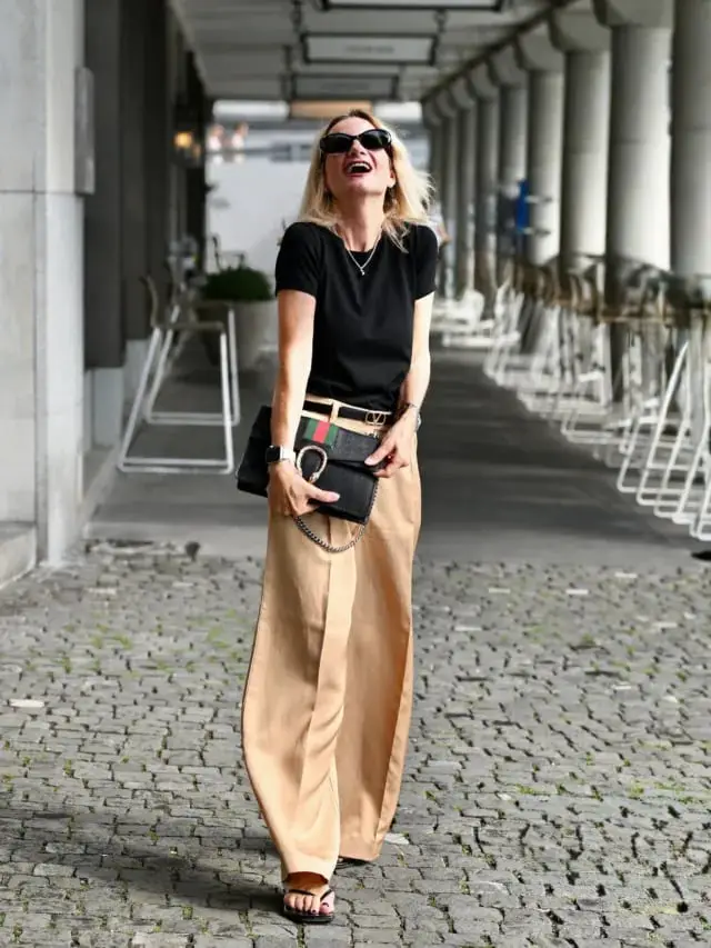 Tan Satin Wide Leg Trousers with a Black T-Shirt Tan Satin Wide Leg Trousers with a Black T-Shirt — Simple Tan Pants Outfits