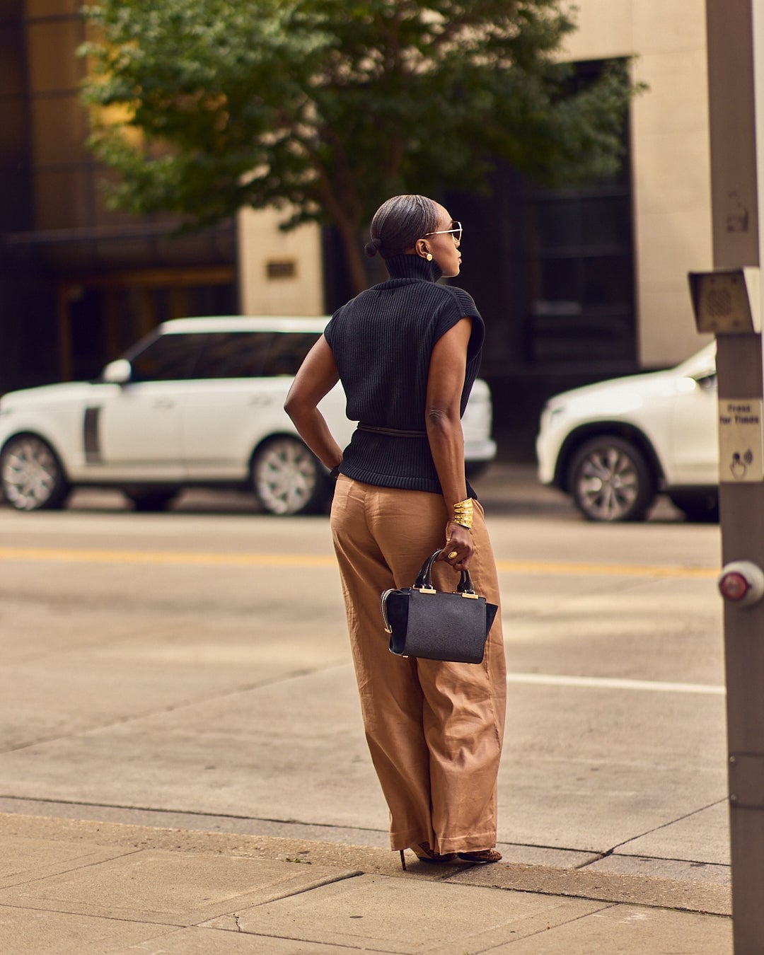 Tan Wide Leg Trousers with a Black Turtleneck Tan Wide Leg Trousers with a Black Turtleneck — Simple Tan Pants Outfits