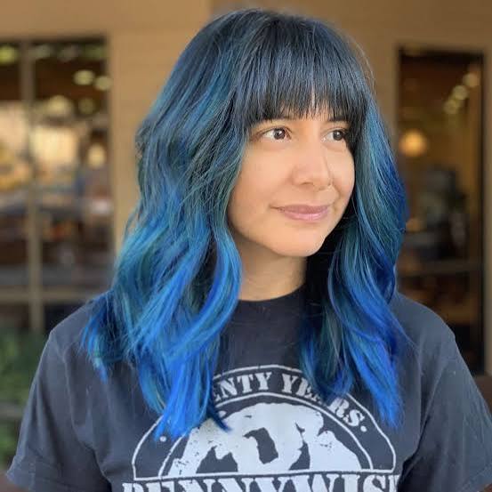Shoulder Length With Curtain Bangs And Teal Shoulder Length With Curtain Bangs And Teal — Simple Teal Highlights