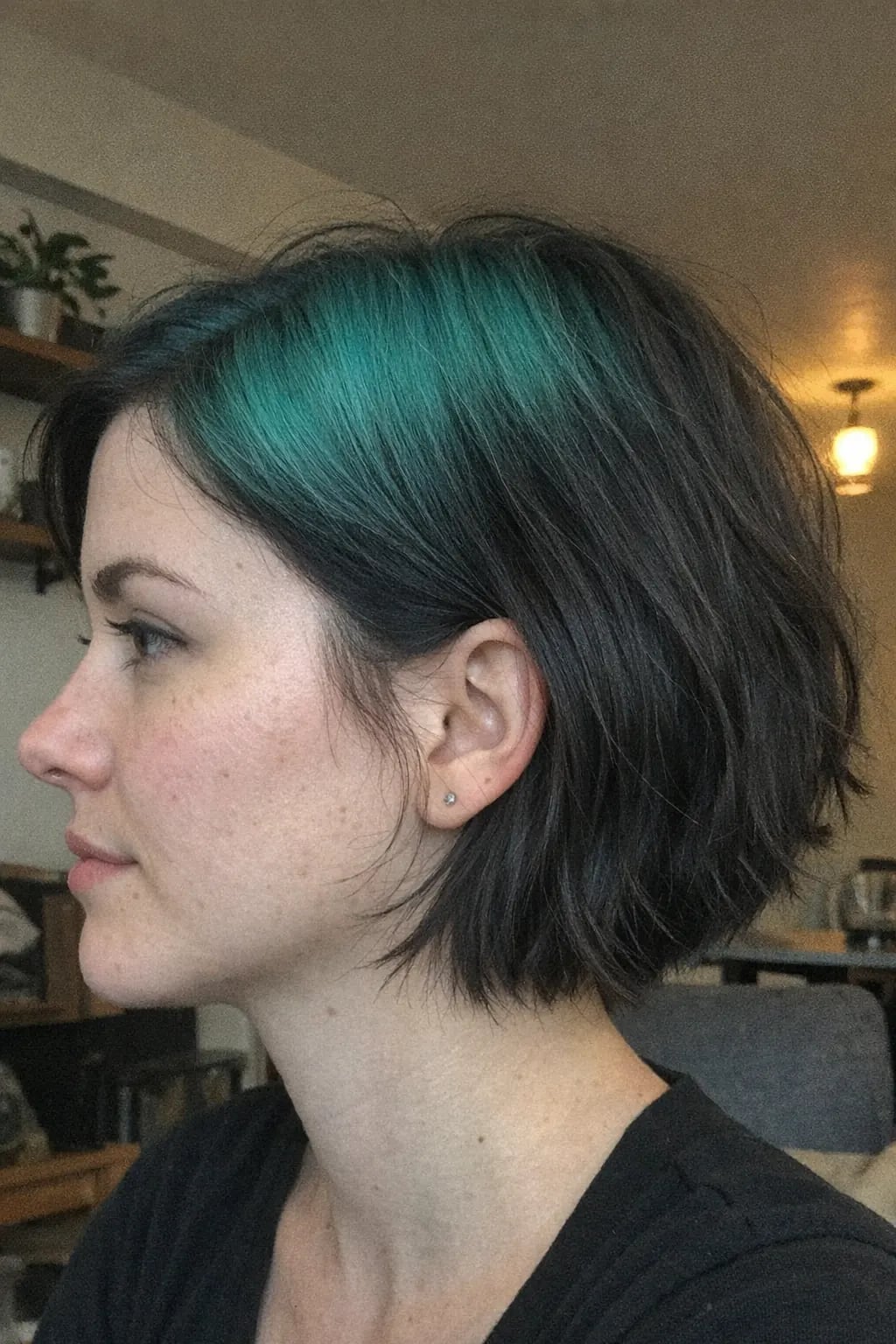 Collarbone Shag With Curtain Bangs And Teal Collarbone Shag With Curtain Bangs And Teal — Simple Teal Highlights
