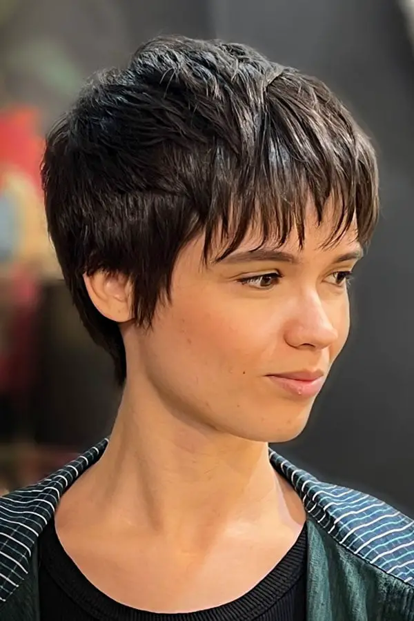 Textured Dark Brown Pixie with Short Fringe Textured Dark Brown Pixie with Short Fringe — Simple Textured Pixie