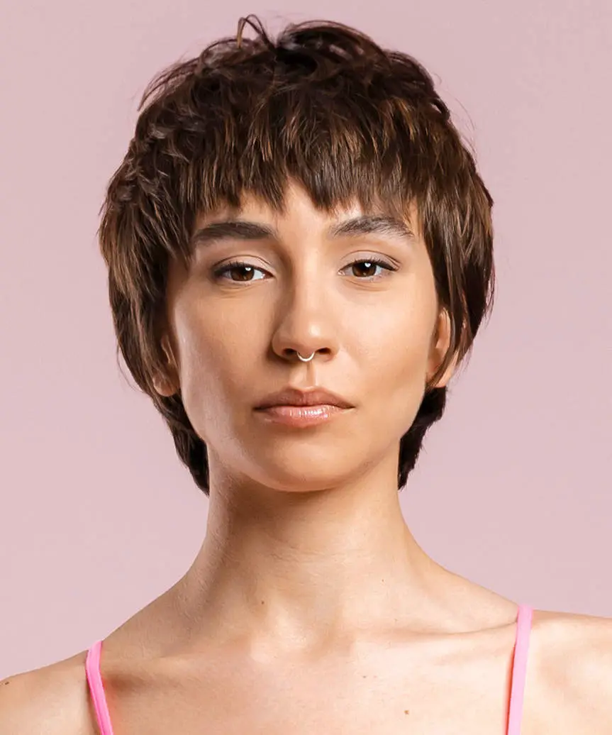 Clean Dark Brown Pixie with Textured Fringe, Ear Clean Dark Brown Pixie with Textured Fringe, Ear — Simple Textured Pixie