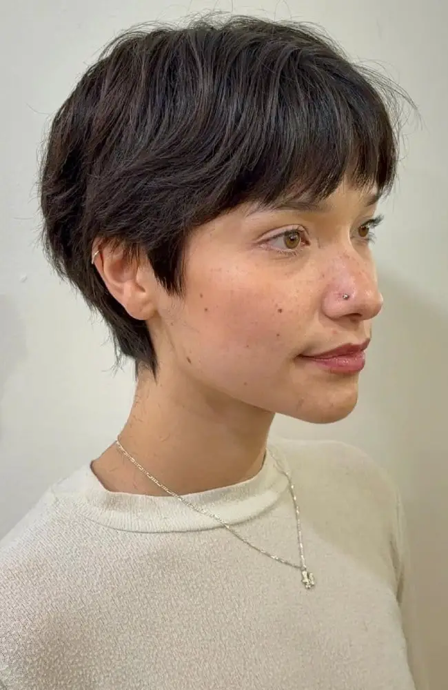 Textured Layered Dark Brown Pixie, Close-Up Take Textured Layered Dark Brown Pixie, Close-Up Take — Simple Textured Pixie