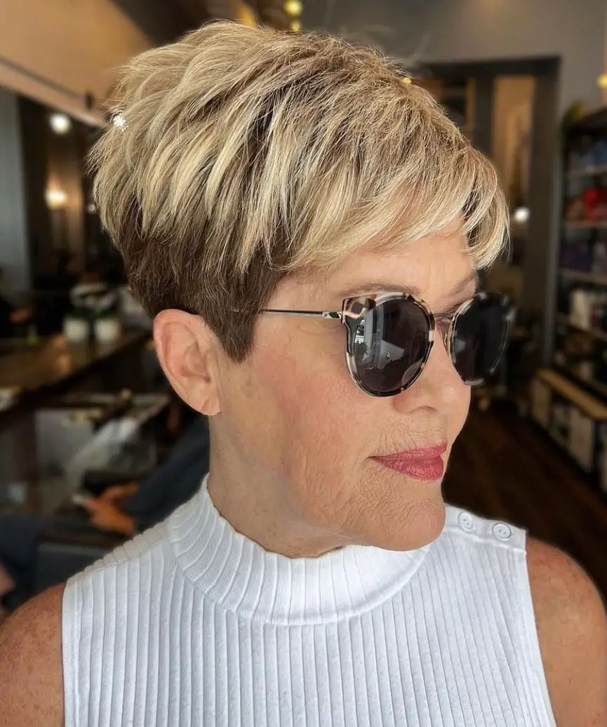 Blonde Pixie with Darker Roots and Layers Blonde Pixie with Darker Roots and Layers — Simple Textured Pixie