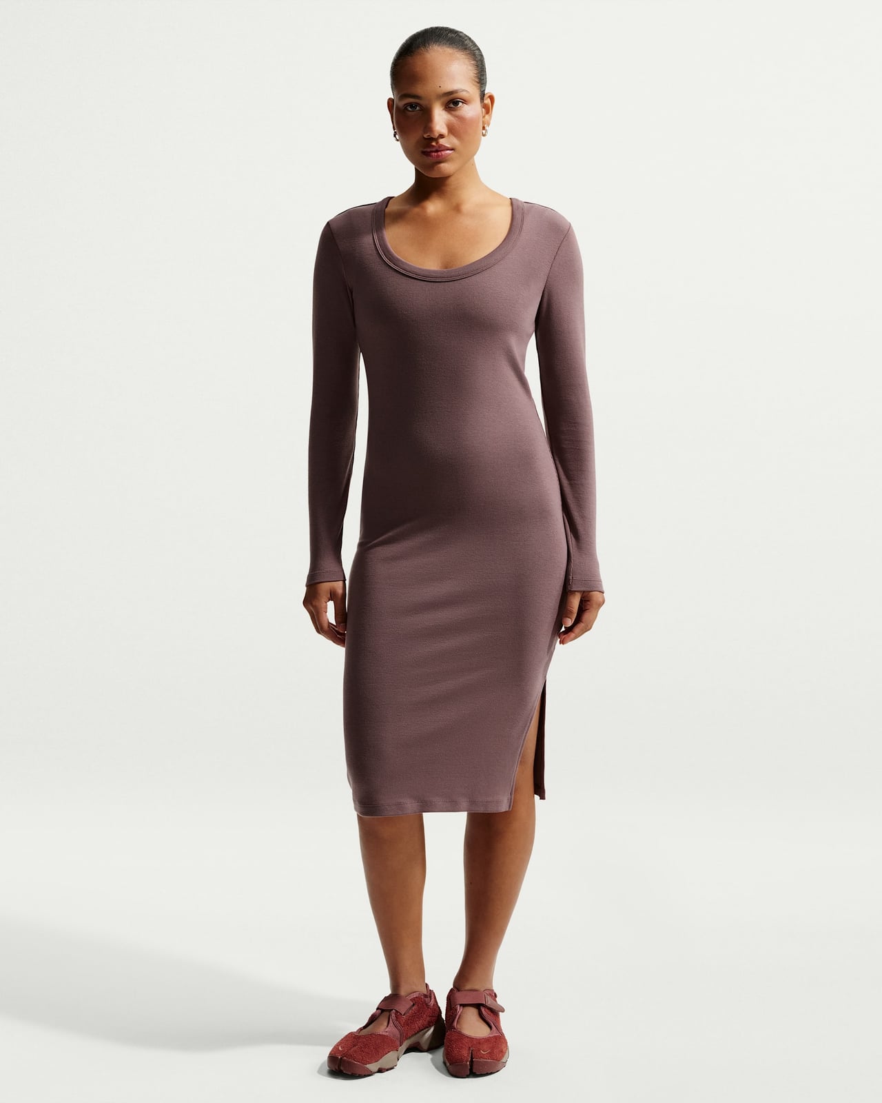 Muted Brown Long Sleeve Ribbed Knit Midi Dress Muted Brown Long Sleeve Ribbed Knit Midi Dress — Simple Tight Dresses