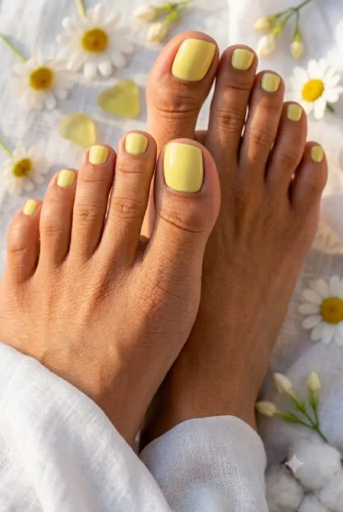 Glossy Pale Yellow Short Square Toenails With Solid Color Glossy Pale Yellow Short Square Toenails With Solid Color — Simple Toe Nails Colors