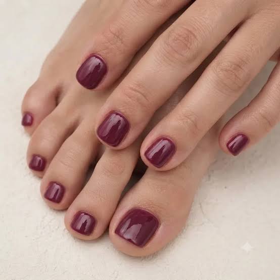 Glossy Dark Burgundy Short Square Toenails With Clean Cuticle Lines Glossy Dark Burgundy Short Square Toenails With Clean Cuticle Lines — Simple Toe Nails Colors