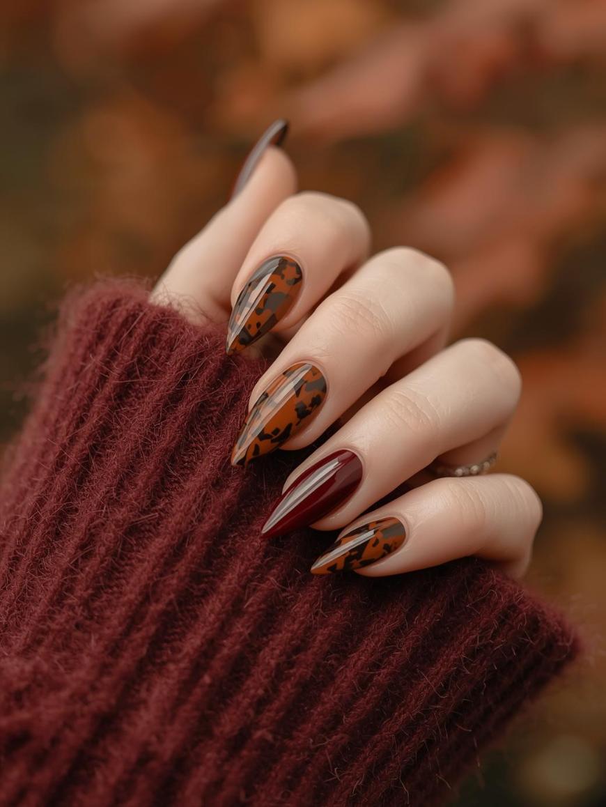 Medium Pointed Almond Tortoise and Burgundy Medium Pointed Almond Tortoise and Burgundy — Simple Tortoise Nails