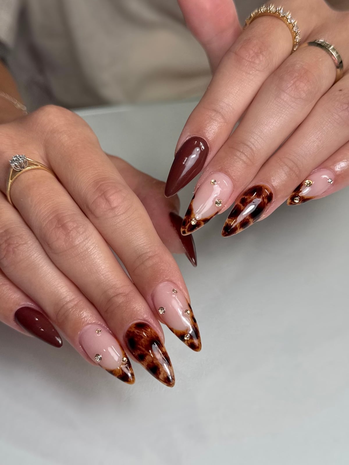 Nude Tortoise Shell Gold Foil French Tip Oval Nails — Simple Tortoise Shell Nails
