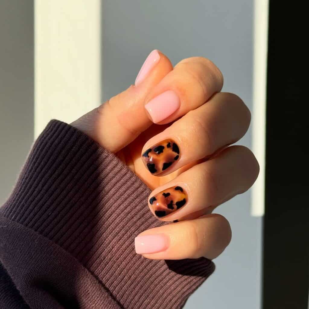 Soft Pink Tortoise Shell Accent Short Square Nails — Simple Tortoise Shell Nails
