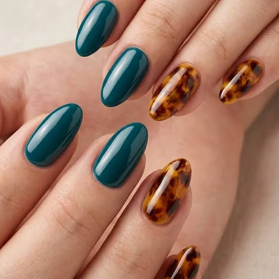 Teal and Tortoise Shell Short Almond Nails — Simple Tortoise Shell Nails
