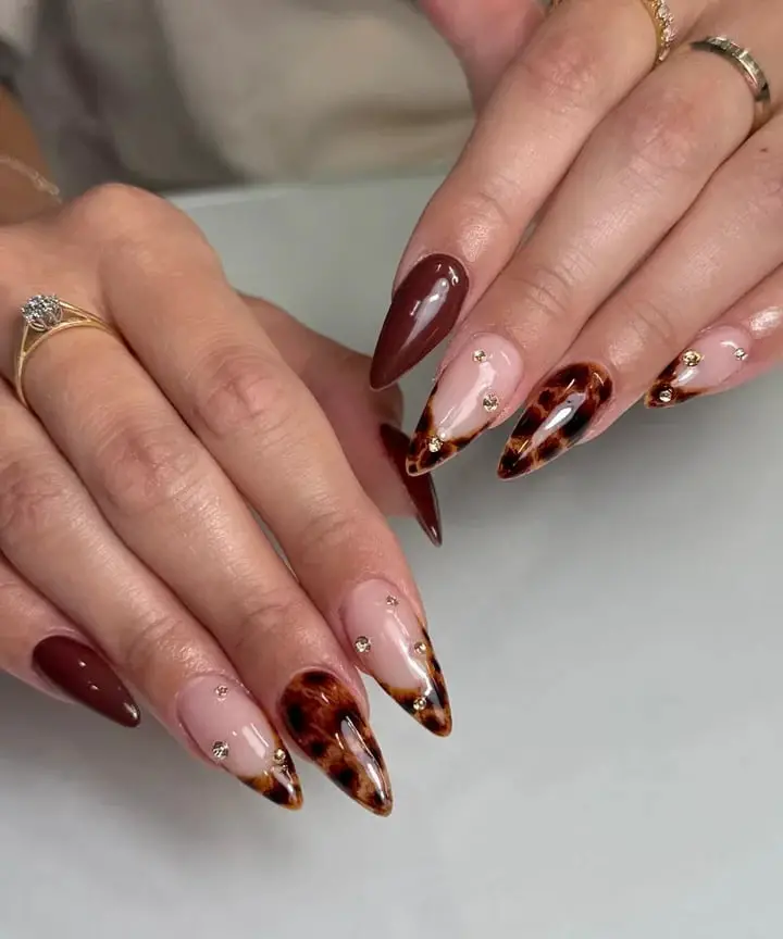 Long Stiletto Tortoise Shell Accent Rhinestone Nails — Simple Tortoise Shell Nails