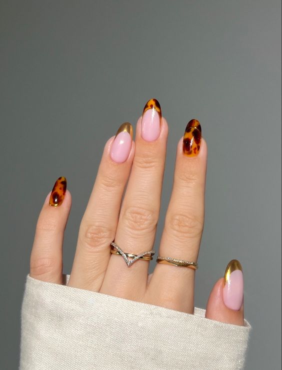 Pink Tortoise Shell French Tip Medium Almond Nails — Simple Tortoise Shell Nails