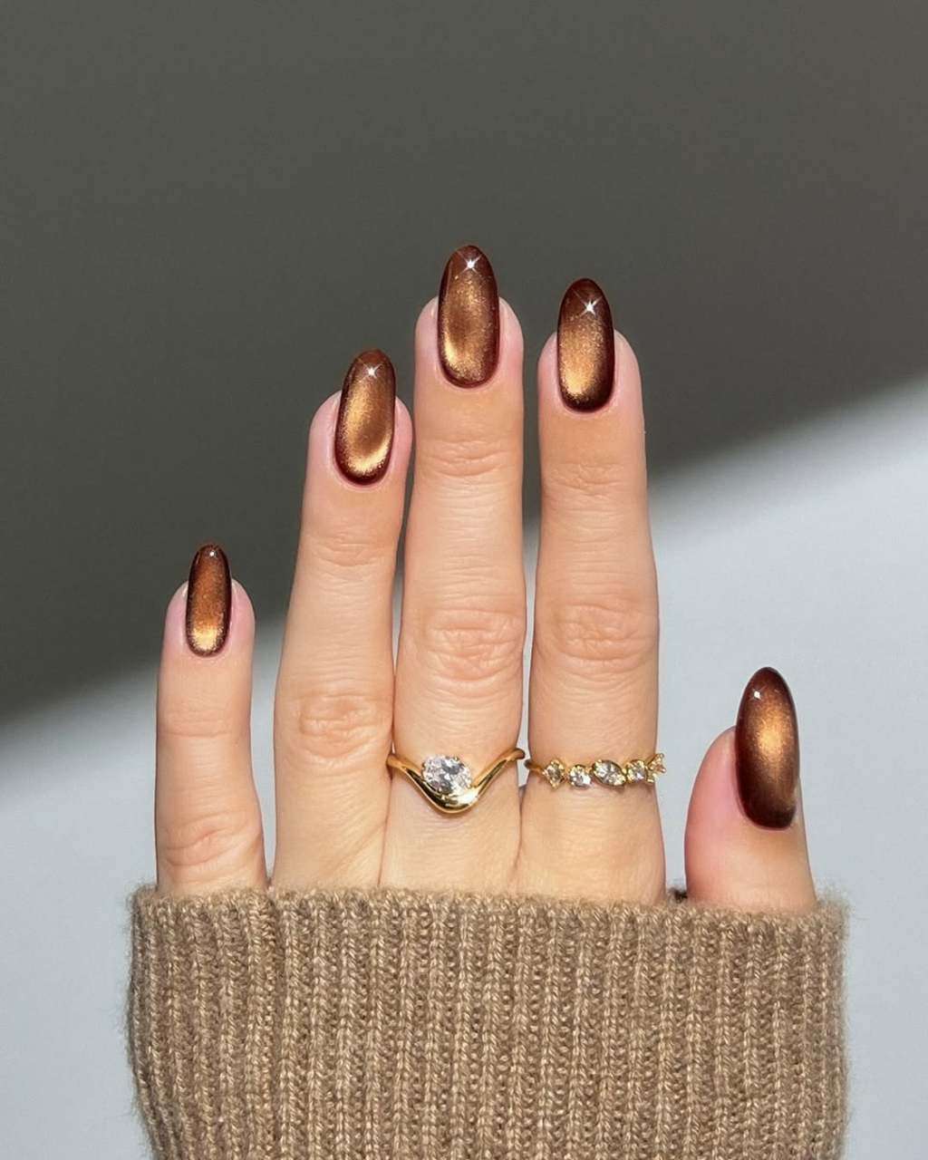 Deep Brown Copper Cat-Eye Medium Almond Nails — Simple Trending Nails